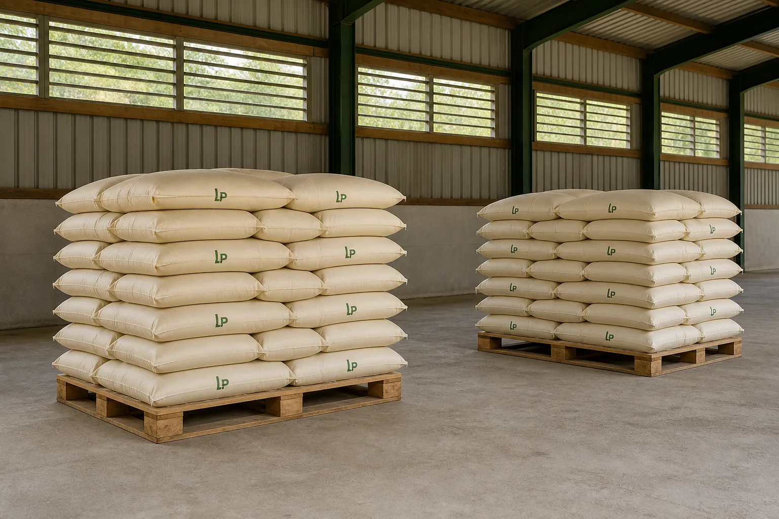 Sacos de LUPA Pellets almacenados sobre tarimas en una bodega techada y ventilada