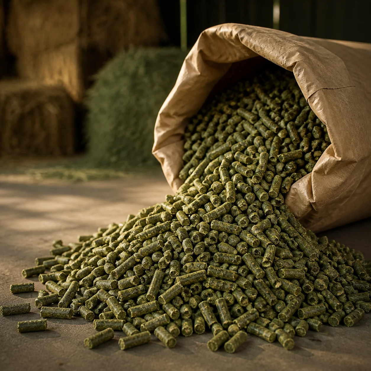 Pellets de alfalfa saliendo de un costal